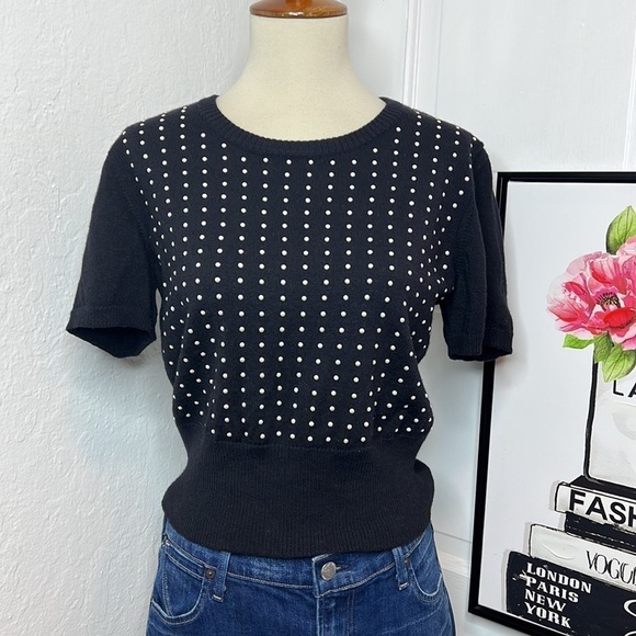 Vintage Escada Black Wool Short Sleeve Sweater with Pearl Studded Accents 36/XS - Picture 1 of 8